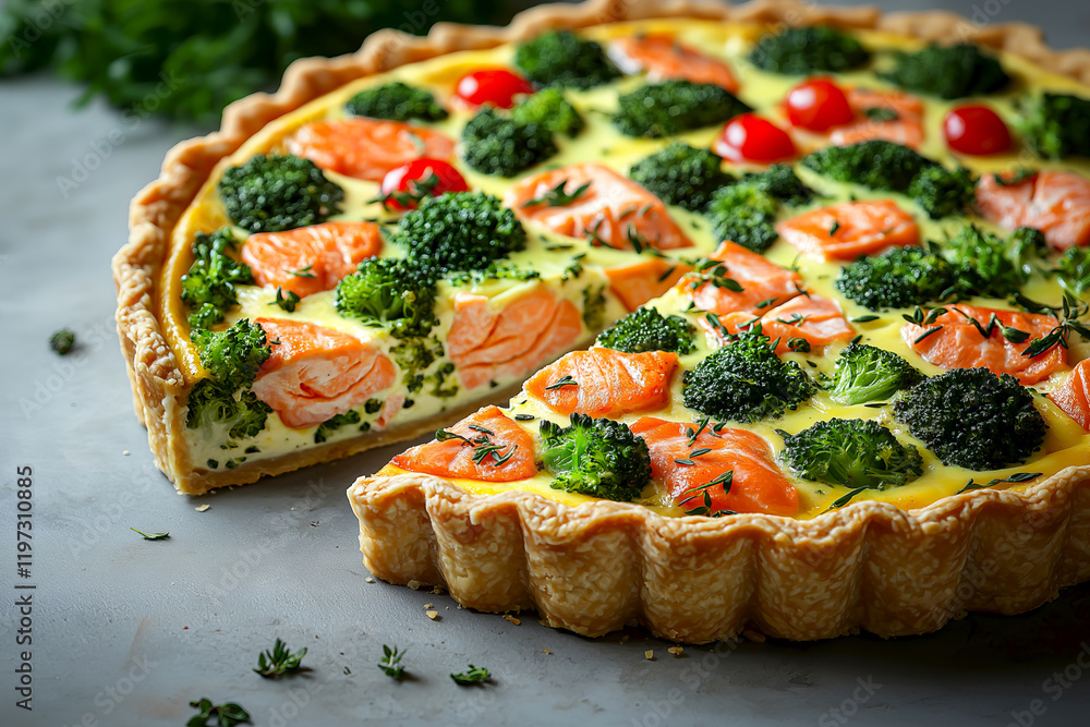 Freshly baked quiche Lorraine boasts a rich filling of salmon, broccoli, and cherry tomatoes, presented on a rustic wooden table. Sliced classic quiche tart with salmon and broccoli, creamy feeling Freshly baked quiche Lorraine boasts a rich filling of salmon, broccoli, and cherry tomatoes, presented on a rustic wooden table. Sliced classic quiche tart with salmon and broccoli, creamy feeling
