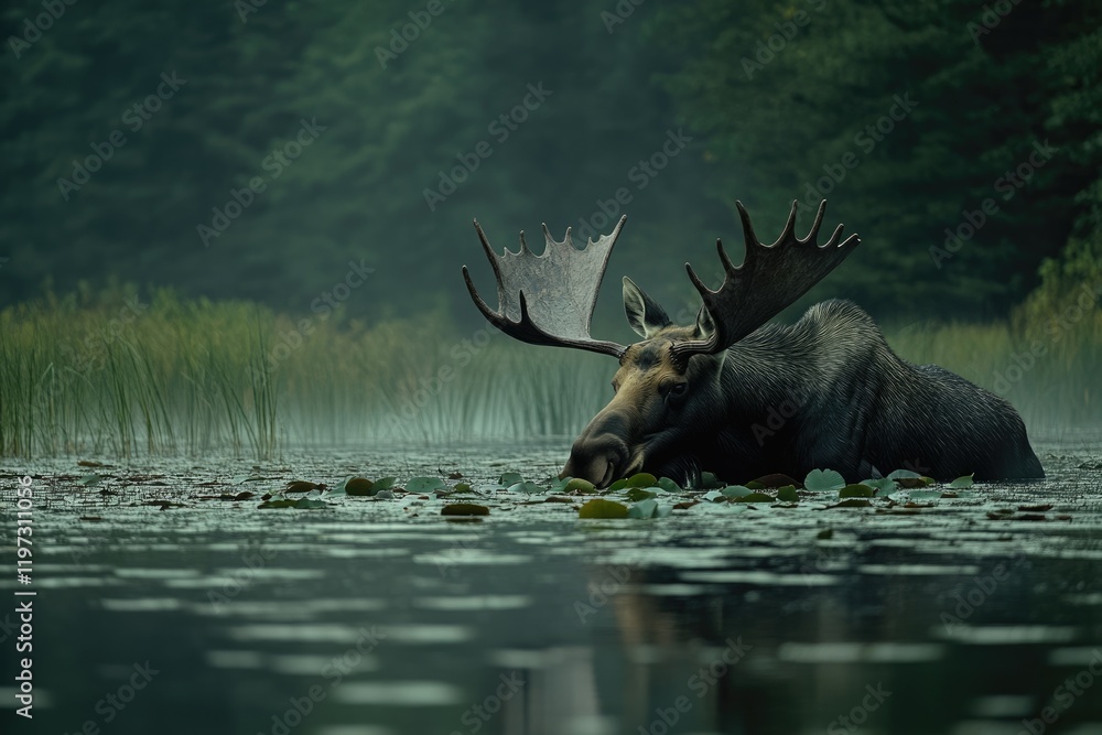 Majestic Bull Moose foraging on Lily Pads at Dawn in Algonquin Provincial Park, Ontario Majestic Bull Moose foraging on Lily Pads at Dawn in Algonquin Provincial Park, Ontario
