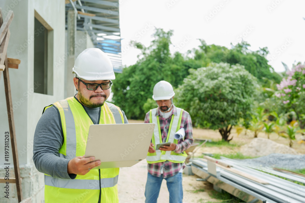Engineer and architect pointing out details at house construction site. Equipped with laptop, tablet, and blueprints, supervising and ensuring smooth project execution and progress. Engineer and architect pointing out details at house construction site. Equipped with laptop, tablet, and blueprints, supervising and ensuring smooth project execution and progress.