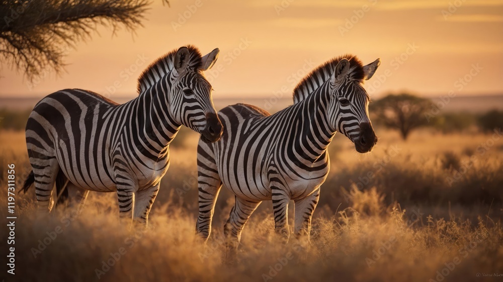 Fototapeta premium Two zebras standing in a golden sunset landscape, surrounded by tall grasses.