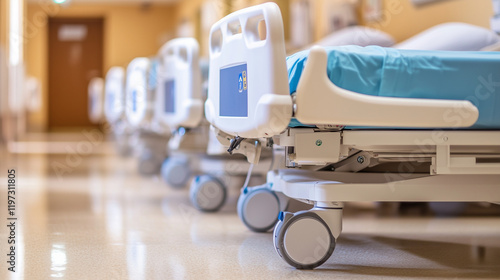 Desolate hospital hallway with empty patient beds and dim lighting, symbolizing financial struggle, closure, and healthcare challenges in modern society.