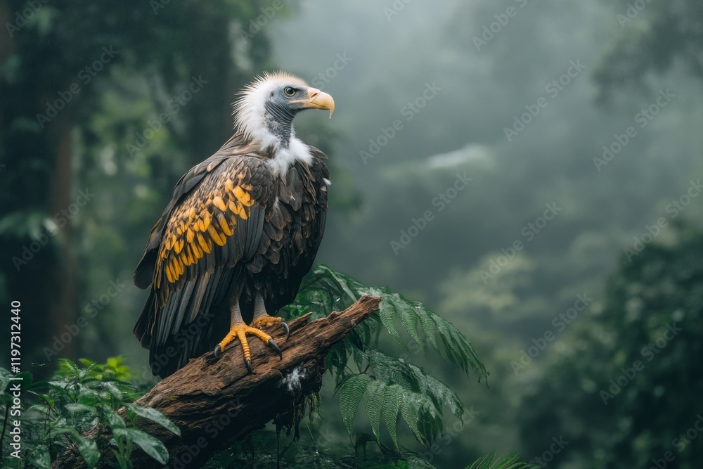 Obraz premium A vulture cleaning its feathers with its beak, sitting on a fallen log in a remote forest clearing