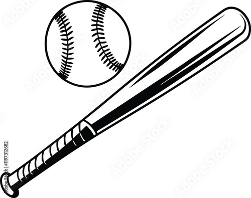 Baseball bat and a ball vector illustration, baseball bat and a ball silhouette vector art, baseball bat and a ball line art vector design