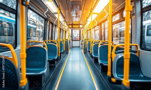 Empty modern tram interior with blue seats, yellow handrails, and city view through windows