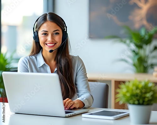 Ragazza sorridente lavora al pc photo