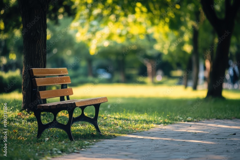 Calm park bench in sunny green space with shadowed trees and pathway inviting relaxation. Generative AI Calm park bench in sunny green space with shadowed trees and pathway inviting relaxation. Generative AI