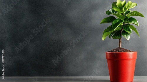 Indoor potted plant with glossy green leaves on a dark textured background in a cozy setting