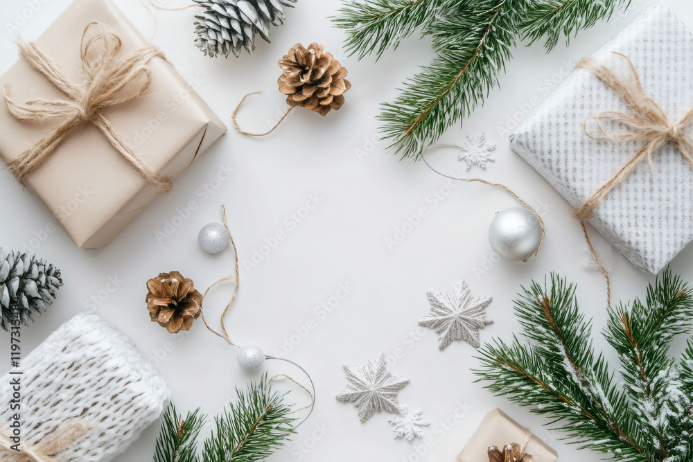 Christmas composition framing copy space with gifts, silver ornaments and fir branches creating a festive atmosphere Christmas composition framing copy space with gifts, silver ornaments and fir branches creating a festive atmosphere