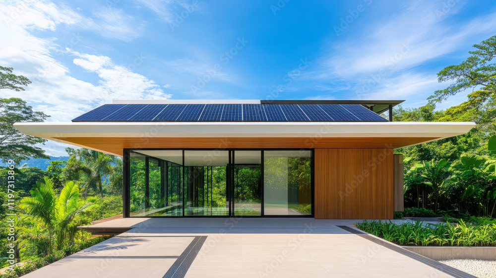 Modern house with solar panels on roof, surrounded by lush greenery and blue sky. design features large glass windows and sleek wooden facade, creating harmonious blend with nature Modern house with solar panels on roof, surrounded by lush greenery and blue sky. design features large glass windows and sleek wooden facade, creating harmonious blend with nature