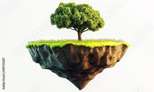 Floating island with single tree and grass on low poly terrain against white background, ideal for environmental concepts photo