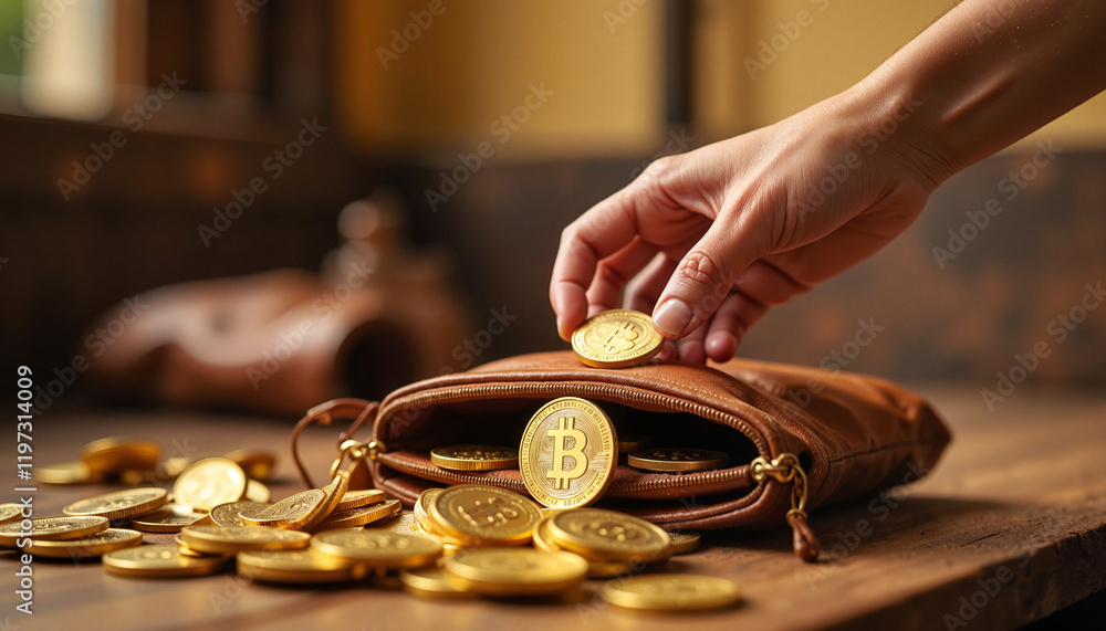 Hand placing gold coins into leather pouch, historic market scene Hand placing gold coins into leather pouch, historic market scene