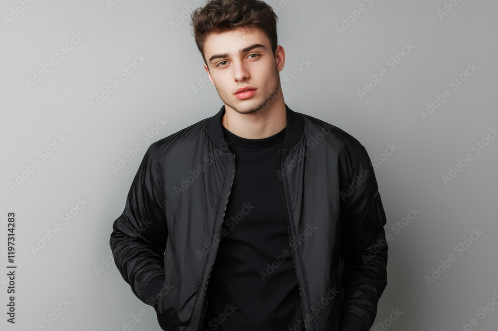 Obraz premium Stylish man showcasing a black bomber jacket with hands in pockets, perfect for fashion and apparel projects