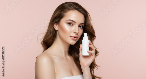 Beautiful Woman with Long Brown Hair Holding a White Spray Bottle Skincare Product