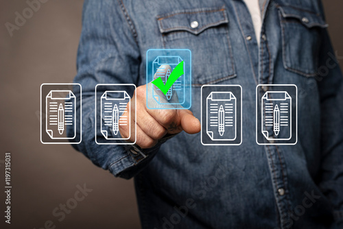 Businessman using computer software for corporate file management Corporate data management system