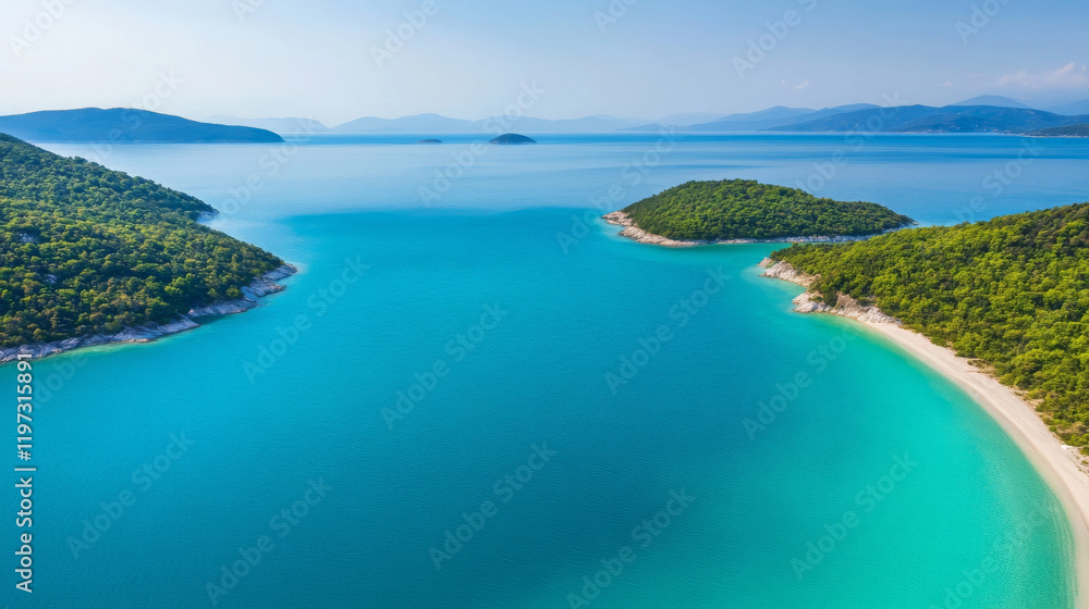 Aerial view of coastal inlet with turquoise waters and lush greenery. serene landscape features sandy beaches and distant hills, creating tranquil atmosphere Aerial view of coastal inlet with turquoise waters and lush greenery. serene landscape features sandy beaches and distant hills, creating tranquil atmosphere