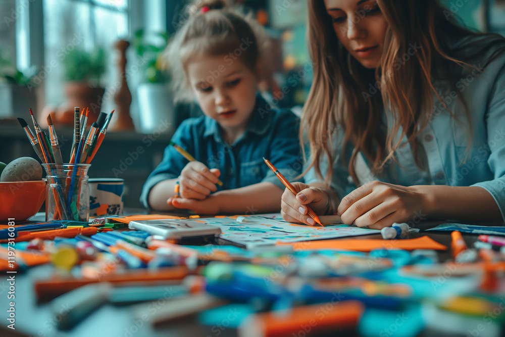 Fototapeta premium A woman and a child are drawing together