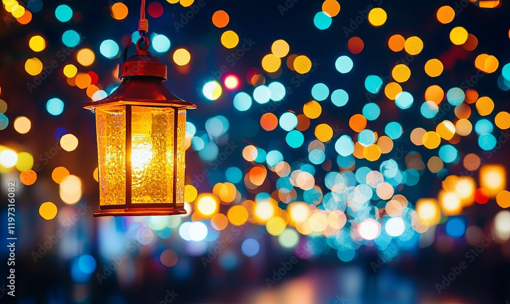 Glowing lantern against blurred bokeh lights at night market Glowing lantern against blurred bokeh lights at night market