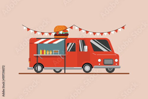Food truck with street food concept. Colored flat vector illustration isolated.