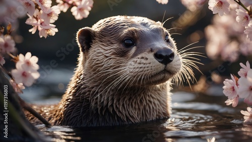 An otter emerges from water, surrounded by delicate cherry blossoms.