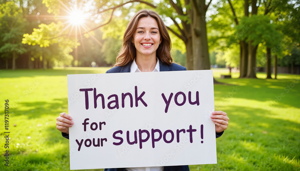 Smiling woman expressing gratitude, joyful mood, holding a 