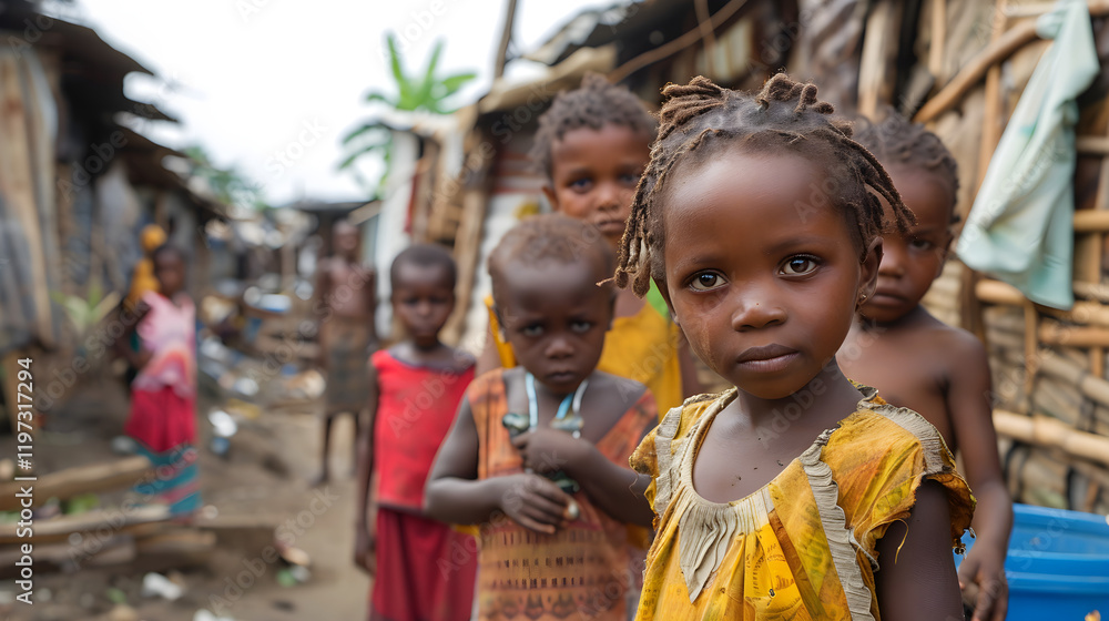 Obraz premium International Day for the Eradication of Poverty. A group of poor, hungry and dirty children of African appearance look into the camera with hungry eyes full of pain and sadness, begging for food.
