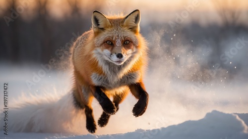 A vibrant red fox leaps through the snow, showcasing its agility and beauty in a winter landscape. photo