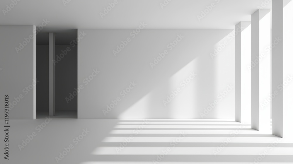 Fototapeta premium A minimalist interior space with white walls and floor, featuring natural light casting shadows through tall columns.