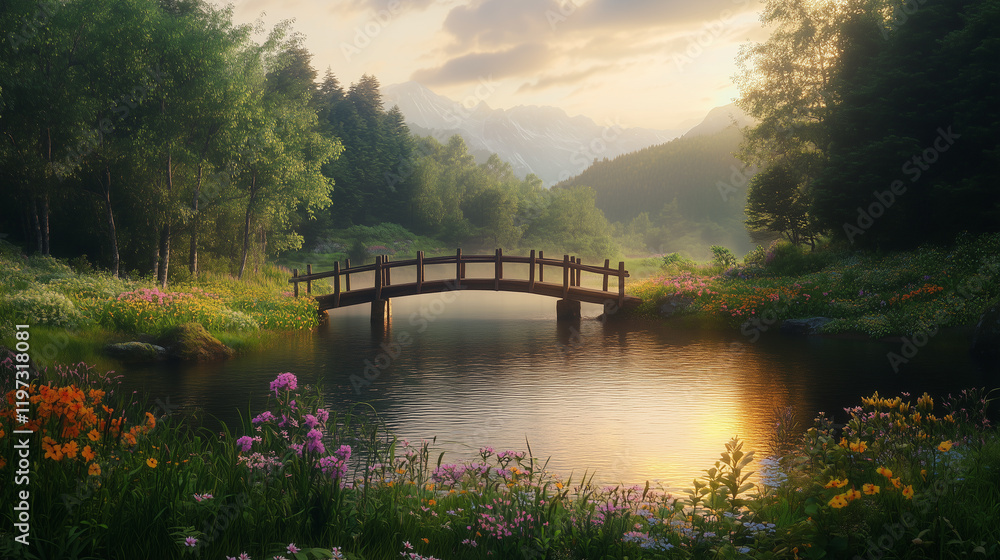 Fototapeta premium Small wooden bridge over a calm river surrounded by vibrant flowers at sunset