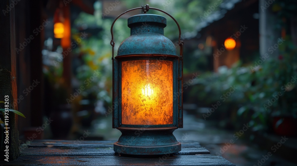 Rustic teal lantern glowing warmly on wet wooden table at night. Rustic teal lantern glowing warmly on wet wooden table at night.