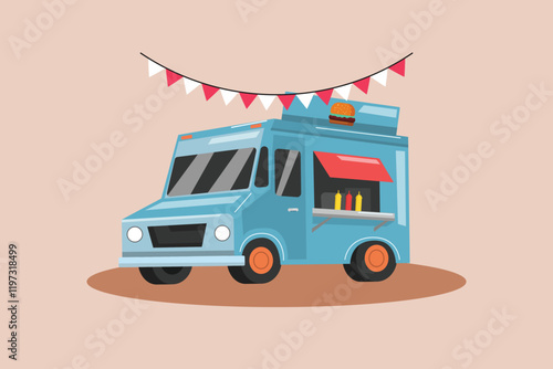 Food truck with street food concept. Colored flat vector illustration isolated.