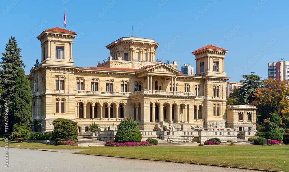 Fototapeta premium Grand mansion exterior with gardens, clear sky, urban backdrop, ideal for architecture or travel content