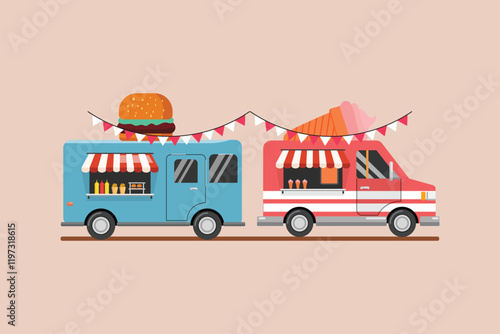 Food truck with street food concept. Colored flat vector illustration isolated.