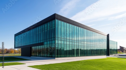 Wallpaper Mural A modern glass building with a sleek design, surrounded by green grass and clear skies, showcasing contemporary architecture. Torontodigital.ca