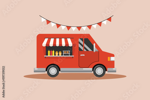 Food truck with street food concept. Colored flat vector illustration isolated.