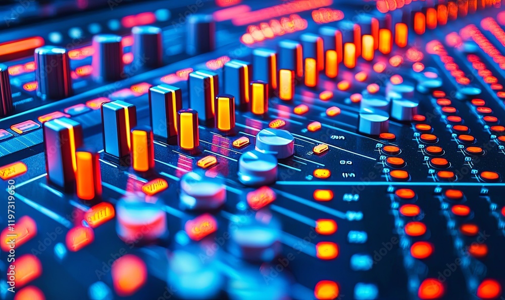 Fototapeta premium Illuminated audio mixer control panel with faders and knobs for music production