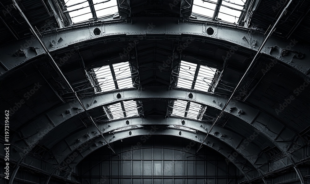 Fototapeta premium Industrial warehouse interior with arched ceiling, skylights, metal beams, dark and empty, suitable for backgrounds