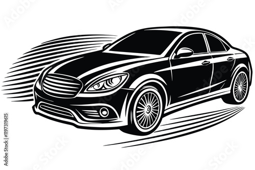 Modern Sports Car Black and White Vector Silhouette