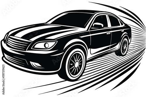 Modern Sports Car Black and White Vector Silhouette