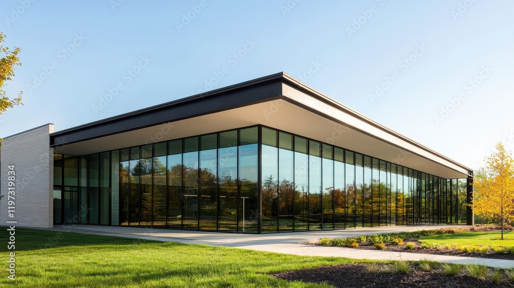 A modern architectural building featuring extensive glass facades, surrounded by greenery and bathed in natural sunlight. A modern architectural building featuring extensive glass facades, surrounded by greenery and bathed in natural sunlight.