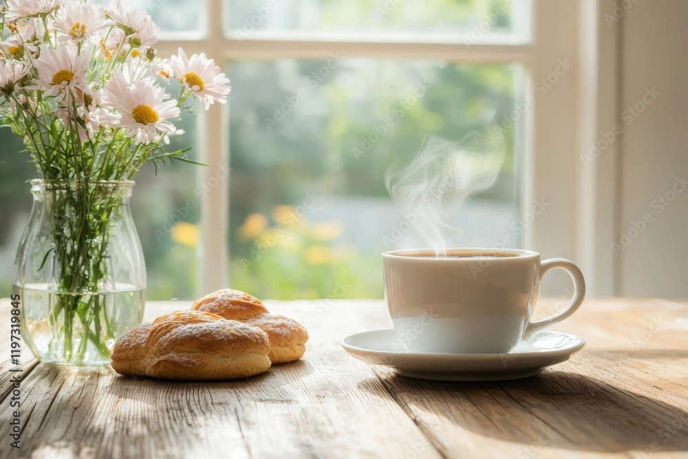 Fresh Coffee with Cookies and Flowers on a Bright Morning Table Fresh Coffee with Cookies and Flowers on a Bright Morning Table
