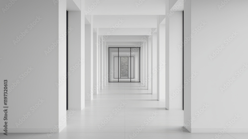 Fototapeta premium A minimalist corridor with white walls and columns creates a sense of depth and tranquility.