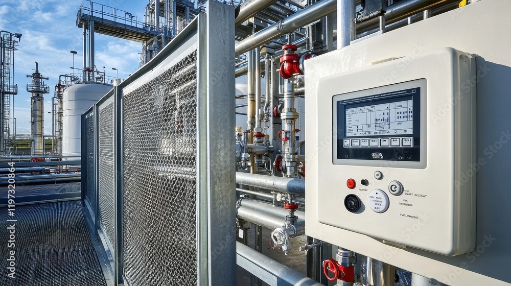 Obraz premium Fire alarm panel mounted near chemical storage tanks, with industrial piping and safety barriers surrounding.