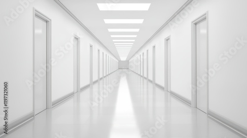 A clean, minimalist corridor with white walls and multiple doors, creating a spacious and serene atmosphere.