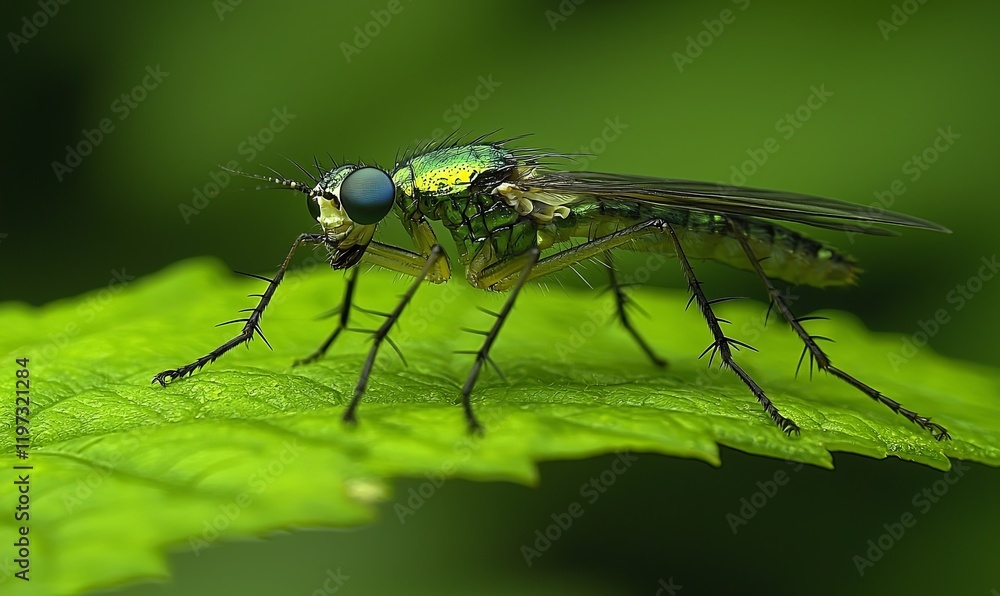 Long-legged fly on green leaf in nature Long-legged fly on green leaf in nature