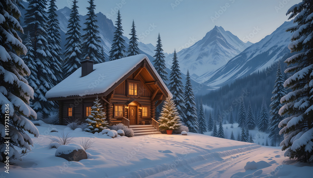 Naklejka premium Snow-covered cabin in mountain valley