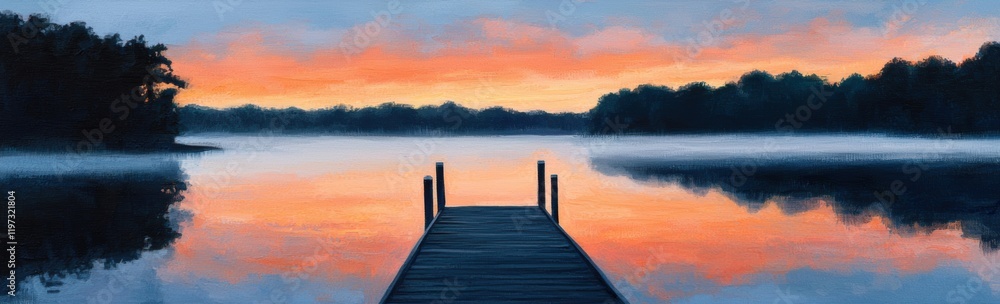 Serene Sunset Over Calm Lake with Wooden Pier and Reflections Serene Sunset Over Calm Lake with Wooden Pier and Reflections