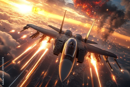 A view of fighter jets engaging in a dogfight above a battlefield, with trails of smoke and fiery explosions in the sky