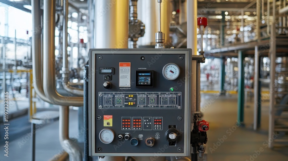 Close-up of a fire alarm panel in a petrochemical plant, surrounded by industrial pipes and safety devices. Close-up of a fire alarm panel in a petrochemical plant, surrounded by industrial pipes and safety devices.