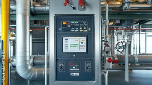Close-up of a fire alarm panel in a petrochemical plant, surrounded by industrial pipes and safety devices.