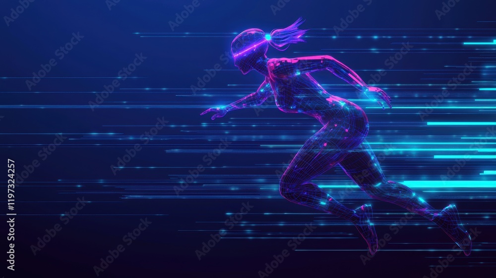 Futuristic Woman in Virtual Reality Running Through Digital Space Futuristic Woman in Virtual Reality Running Through Digital Space